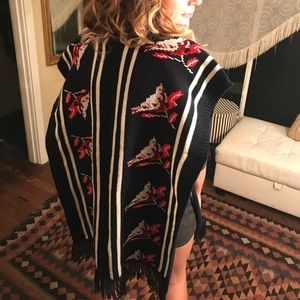Navy Bird Print Fringe Poncho
